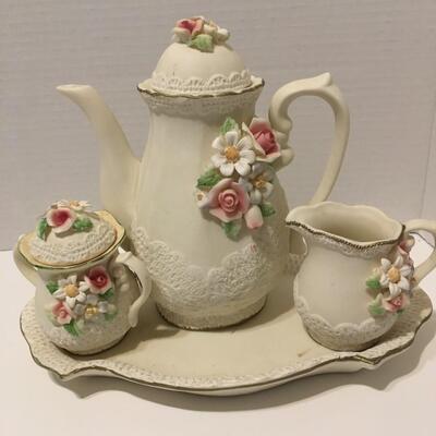 Flower Tea Set - Pot, Sugar Bowl, Creamer, Serving Plate