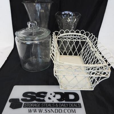 2-Glass Vases-Sunburst, 1-Round clear Canister, 1-Vintage Metal Basket W/Handles
