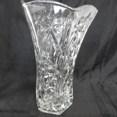2-Glass Vases-Sunburst, 1-Round clear Canister, 1-Vintage Metal Basket W/Handles