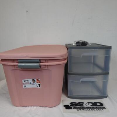 2 Storage Totes-Pink-Cracked Lids & (1) 2-Drawer Stacking Unit W/Wheels