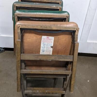 4 Vintage Wooden Foldable Padded Chairs, 3 Green & 1 Tan - Used, Poor Condition