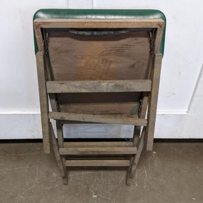 4 Vintage Wooden Foldable Padded Chairs, 3 Green & 1 Tan - Used, Poor Condition