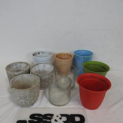10 Planting Pots: Ceramic, Glass & 2 Plastic-Various Colors/Sizes