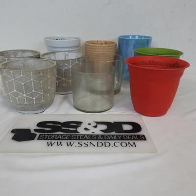 10 Planting Pots: Ceramic, Glass & 2 Plastic-Various Colors/Sizes