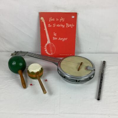 Lot. 5245  Dixie Banjo Ukulele Cast Aluminum  1950â€™s / Antique Flute / Hand Painted & Carved Maraca  / Mexican Spinning Drum