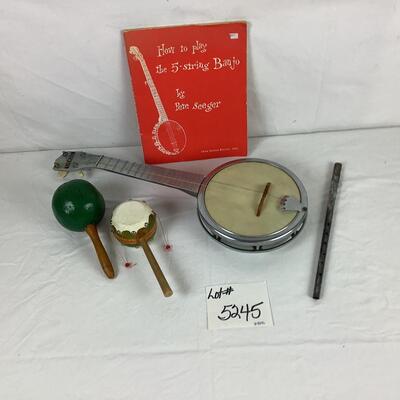 Lot. 5245  Dixie Banjo Ukulele Cast Aluminum  1950â€™s / Antique Flute / Hand Painted & Carved Maraca  / Mexican Spinning Drum