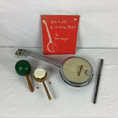 Lot. 5245  Dixie Banjo Ukulele Cast Aluminum  1950â€™s / Antique Flute / Hand Painted & Carved Maraca  / Mexican Spinning Drum
