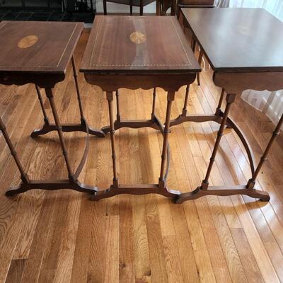 3 Nesting Tables w Mahogany Fan Inlay, Set of 3 Top with Glass