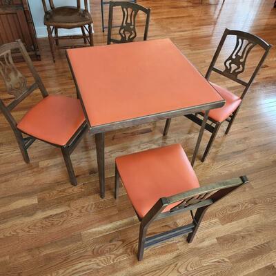 Vintage Stakmore Co. Card Table with 4 Harp Back Folding Chairs