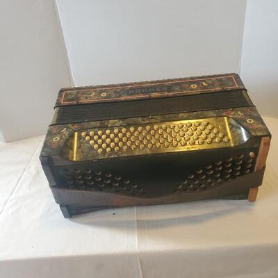 Hohner Accordion - Tango II German 80 base 34 key piano accordion, 1930's, in grey pearloid finish with diamante and floral inlaid...