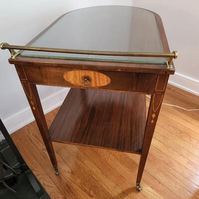 Vintage Inlaid Serving Cart w Drawer on Casters