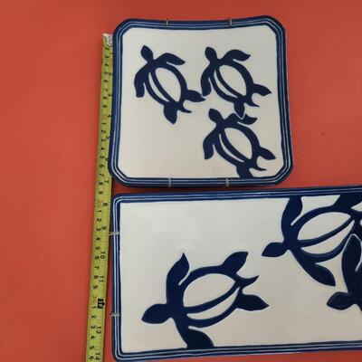 2 Lee Hawaii Pottery Serving Plate Turtles Blue & White Rectangle