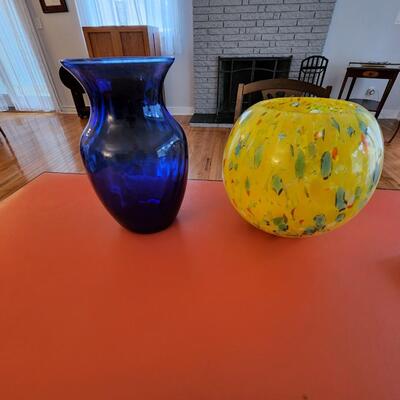 2 pc lot Art Glass Blue Vase Yellow Bowl