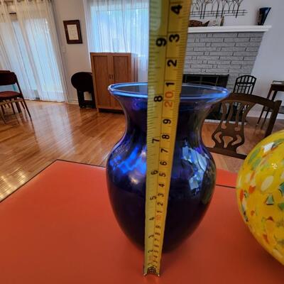 2 pc lot Art Glass Blue Vase Yellow Bowl
