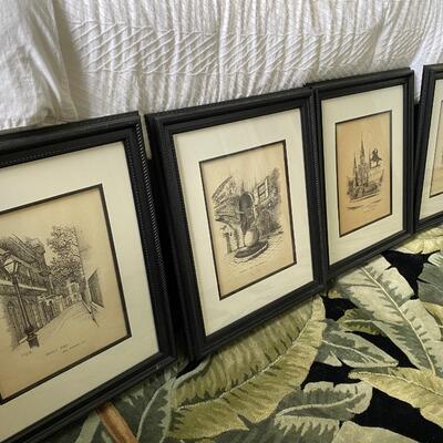 Set of four framed prints of New Orleans pen and ink drawings by Callaway, circa 1977