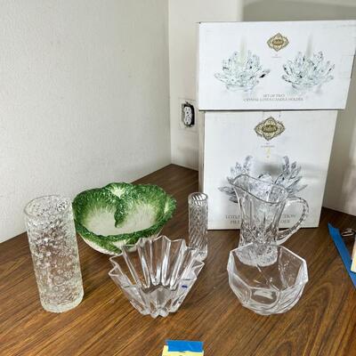 Godinger 1 large  Lotus Crystal Candle 2 medium  Holders, Leaf salad bowl