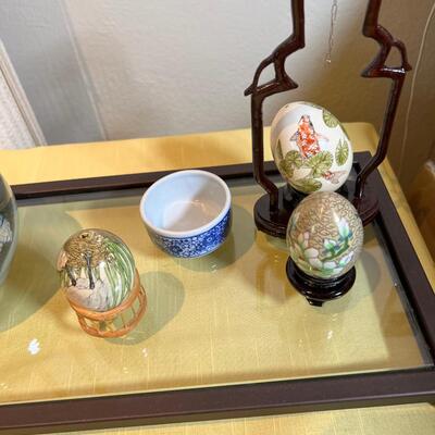 Asian hand painted blown eggs with hanging egg chain