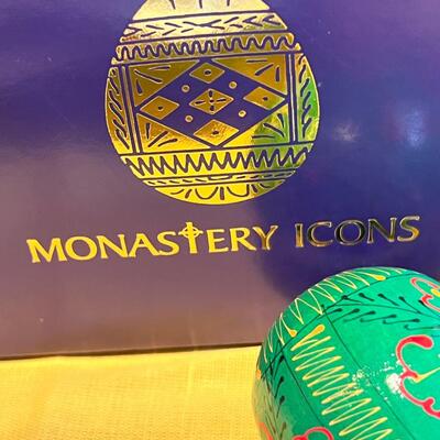 Vintage Monestry Icon eggs and 3 handblown glass Christmas ornaments