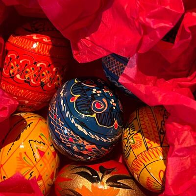 Vintage Monestry Icon eggs and 3 handblown glass Christmas ornaments