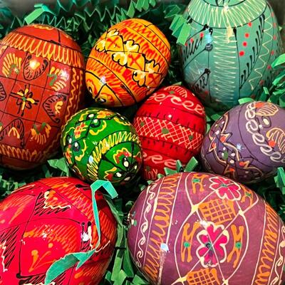Vintage Monestry Icon eggs and 3 handblown glass Christmas ornaments