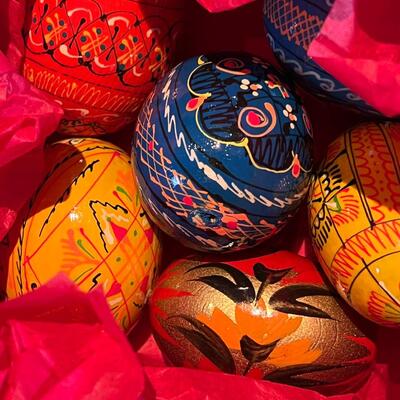 Vintage Monestry Icon eggs and 3 handblown glass Christmas ornaments