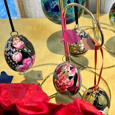 Vintage Monestry Icon eggs and 3 handblown glass Christmas ornaments
