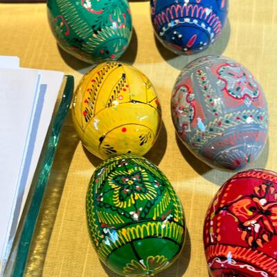 Vintage Monestry Icon eggs and 3 handblown glass Christmas ornaments