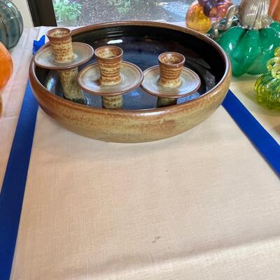 1970 Artisan made 14" stoneware Candle holder and bowl