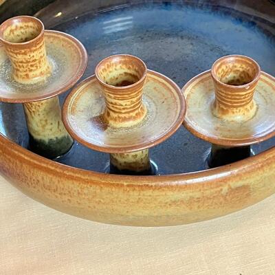 1970 Artisan made 14" stoneware Candle holder and bowl