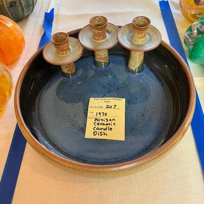 1970 Artisan made 14" stoneware Candle holder and bowl