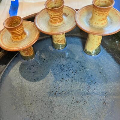 1970 Artisan made 14" stoneware Candle holder and bowl