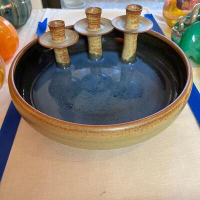 1970 Artisan made 14" stoneware Candle holder and bowl