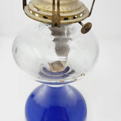 ANTIQUE QUEEN ANNE NO. 2 BLUE GLASS PAINTED OIL LAMP