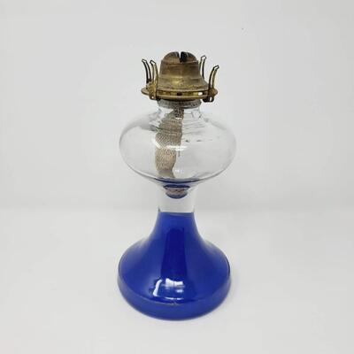 ANTIQUE QUEEN ANNE NO. 2 BLUE GLASS PAINTED OIL LAMP
