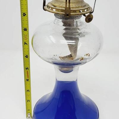 ANTIQUE QUEEN ANNE NO. 2 BLUE GLASS PAINTED OIL LAMP