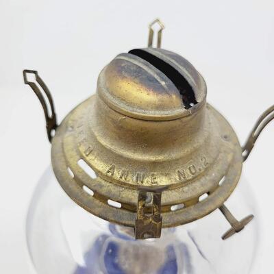 ANTIQUE QUEEN ANNE NO. 2 BLUE GLASS PAINTED OIL LAMP
