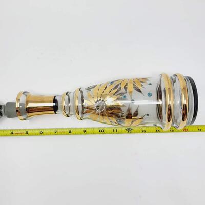 UNIQUE MID-CENTURY HAND PAINTED GLASS DECANTER BOTTLE W/ GOLD AND BLACK ACCENTS