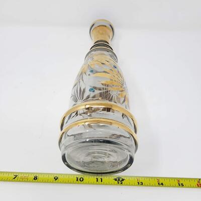 UNIQUE MID-CENTURY HAND PAINTED GLASS DECANTER BOTTLE W/ GOLD AND BLACK ACCENTS