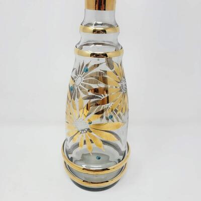 UNIQUE MID-CENTURY HAND PAINTED GLASS DECANTER BOTTLE W/ GOLD AND BLACK ACCENTS