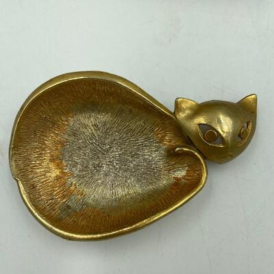 Brass cat, spoon and ornate easel