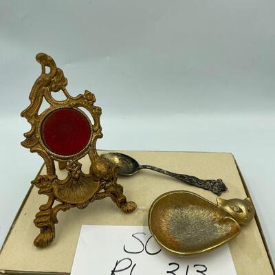 Brass cat, spoon and ornate easel