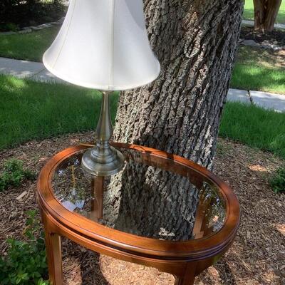 Glass and wood side table with lamp