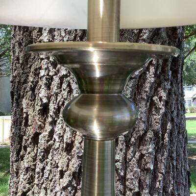 Glass and wood side table with lamp