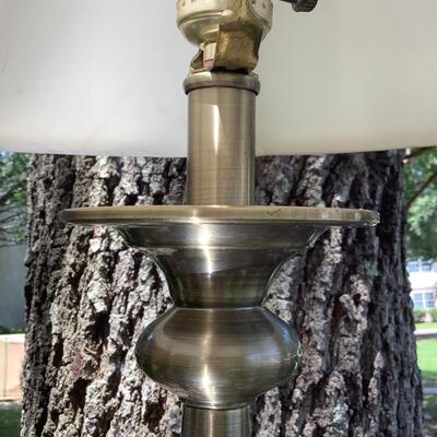 Glass and wood side table with lamp