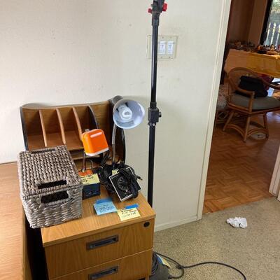 File cabinet, table lamps, desk wood file