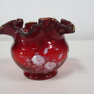 Fenton Ruby Red Vase Floral Design Hand Painted