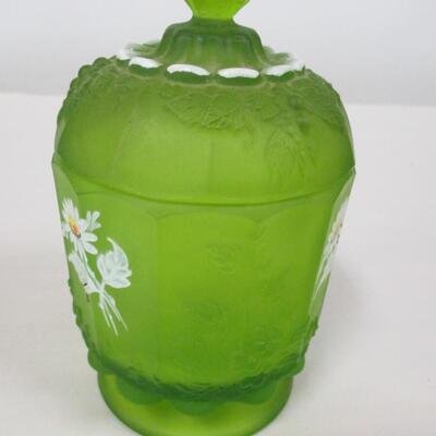 Hand Painted Green Glass Lidded Dish