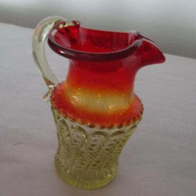 Fenton Red & Yellow Glass Miniature Pitcher & Crackle Glass Creamer