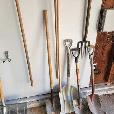 Lot of Shovels, Fork ,Racks, Brooms pruning saw.