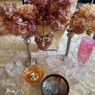 DR22-Glassware and Metal vase with dried flowers